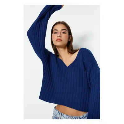 Trendyol Saxe Blue Crop Základní pletený svetr