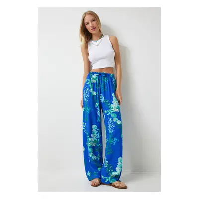 Happiness İstanbul Women's Blue Aqua Green Patterned Loose Viscose Palazzo Trousers