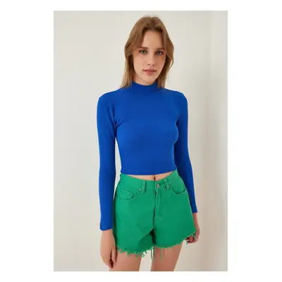 Happiness İstanbul Women's Vivid Blue Ribbed Turtleneck Crop Knitted Blouse