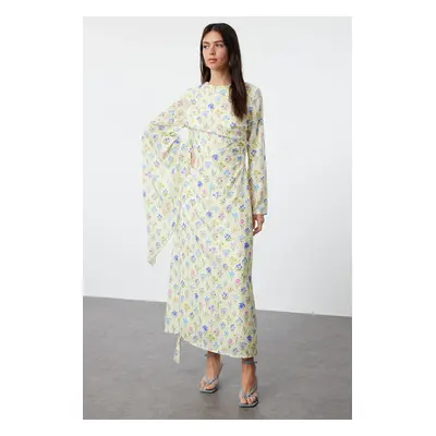 Trendyol Yellow Shawl Collar Floral Patterned Woven Evening Dress