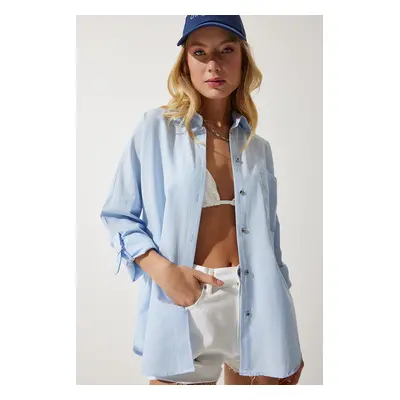 Happiness İstanbul Women's Sky Blue Pocket Poplin Boyfriend Shirt