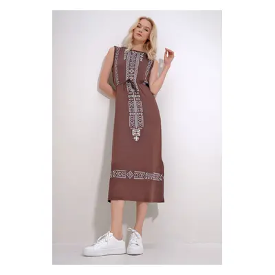 Trend Alaçatı Stili Women's Brown Embroidery Printed Bohemian Dress