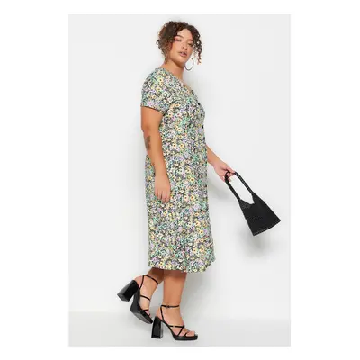 Trendyol Curve Multicolored Floral Patterned Buttoned Knitting Plus Size Dress