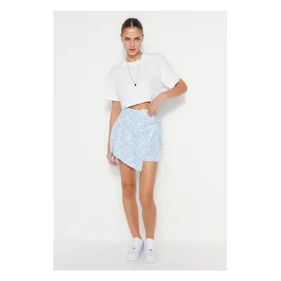 Trendyol Blue Floral Tie Double Breasted Viscose Woven Shorts Skirt