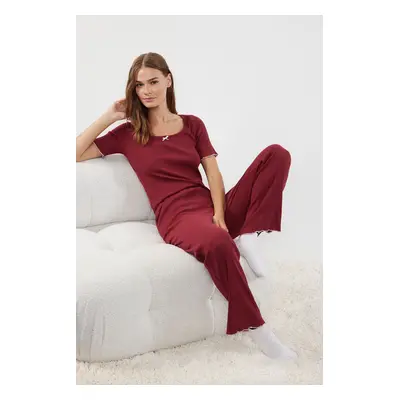 Trendyol Claret Red Cotton Baby Overlock and Ribbon/Bow Detailed Ribbed Knitted Pajama Set