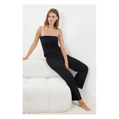 Trendyol Black Cotton Lace Detailed Rope Strap Knitted Pajama Set