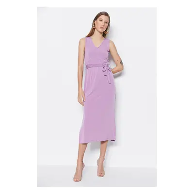 Trendyol Purple Tie Detailed Midi V-Neck Stretchy Knit Dress