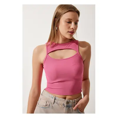 Happiness İstanbul Women's Pink Cut Out Detailed Corded Crop Knitted Blouse