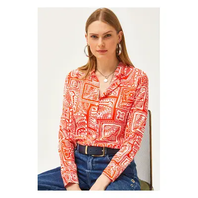 Olalook Women's Orange Patch Patterned Woven Viscose Shirt