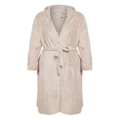 Trendyol Curve Beige Wellsotf/Plush Bear Embroidered Hooded Knitted Dressing Gown