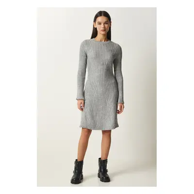 Happiness İstanbul Women's Gray Ribbed A-Line Knitwear Dress