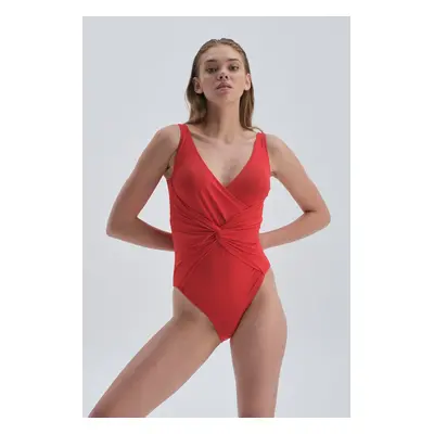 Dagi Red V-Neck Compressing Draped Swimsuit