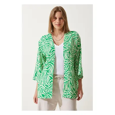 Happiness İstanbul Women's Green Bone Patterned Viscose Kimono