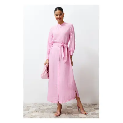 Trendyol Pink Judge Collar Belted Buttoned Woven Shirt Dress