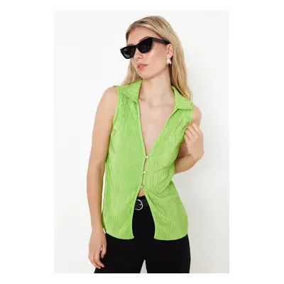 Trendyol Green Pleated Sleeveless Buttoned Collar Enek Knitted Blouse