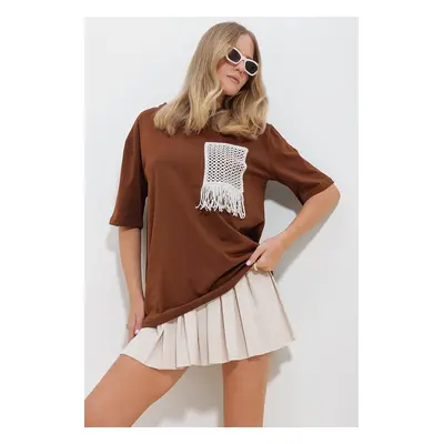 Trend Alaçatı Stili Women's Brown Crew Neck Knitted Two Thread T-Shirt