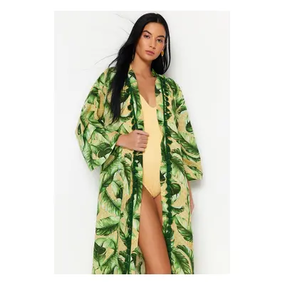 Trendyol tropický vzorovaný midi kimono a kaftan s páskem, 100% bavlna s třásněmi