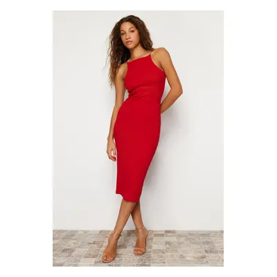 Trendyol Red Fitted Halter Neck Ribbed Stretchy Knitted Midi Pencil Dress