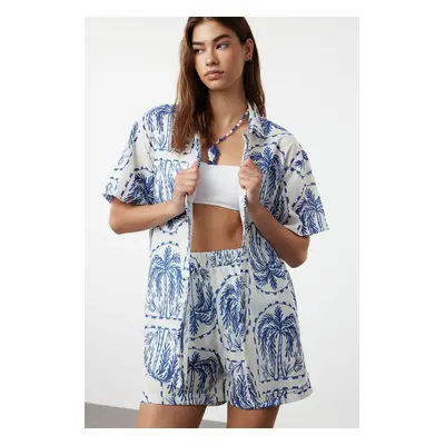 Trendyol Tropical Patterned Woven Shirt Shorts Beach Set