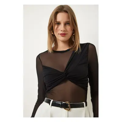 Happiness İstanbul Women's Black Gathered Detailed Crop Chiffon Blouse