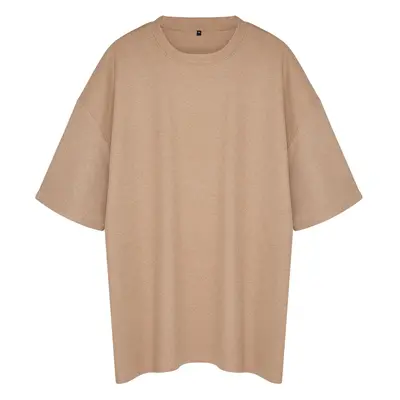 Trendyol Plus Size Camel Oversize/Wide Cut Crew Neck Basic Textured T-shirt