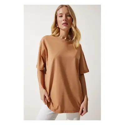 Happiness İstanbul Women's Biscuit Crew Neck Basic Oversize Knitted T-Shirt