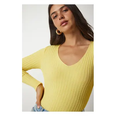 Happiness İstanbul Women's Yellow V-Neck Ribbed Basic Blouse