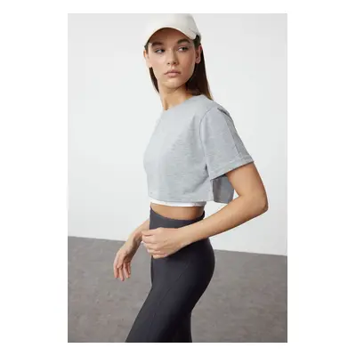 Trendyol Grey Melange 100% Cotton Layer Reflective Printed Crop Knitted Sports T-Shirt