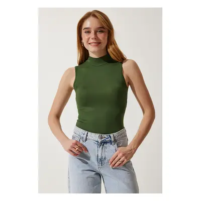 Happiness İstanbul Women's Dark Green High Neck Sleeveless Viscose Knitted Blouse