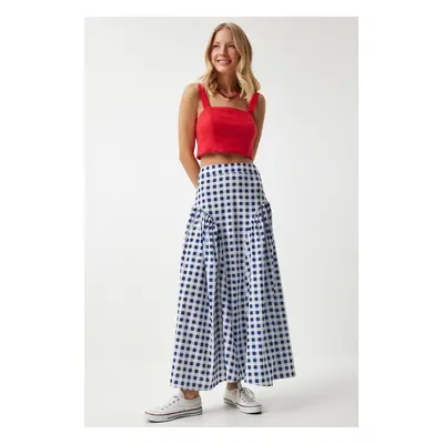 Happiness İstanbul Women's Blue Gingham Flounced Summer Poplin Skirt