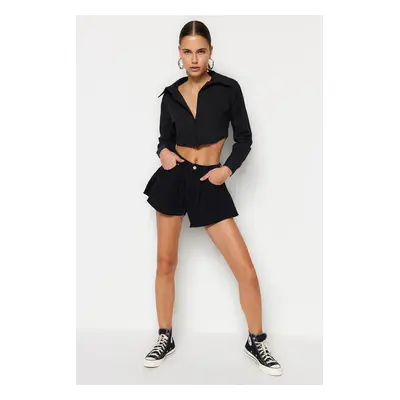 Trendyol Black Pleated High Waist Mini Denim Shorts