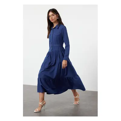 Trendyol Blue Belted Woven Cotton Shirt Dress