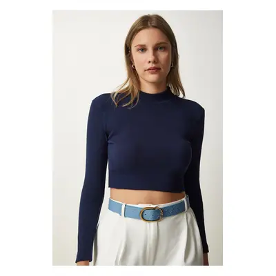 Happiness İstanbul Women's Navy Blue Corded Turtleneck Crop Knitted Blouse