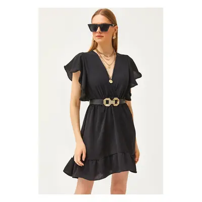 Olalook Women's Black Double Breasted Collar Sleeve Detailed Mini Flowy Dress