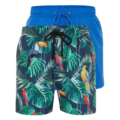 Trendyol Blue Printed-Plain 2-Piece Set Swim Shorts