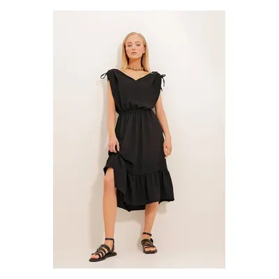 Trend Alaçatı Stili Women's Black V-Neck Skirt Flounce Elastic Waist Woven Dress