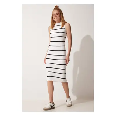 Happiness İstanbul Women's White Black Striped Summer Wrap Knitwear Dress