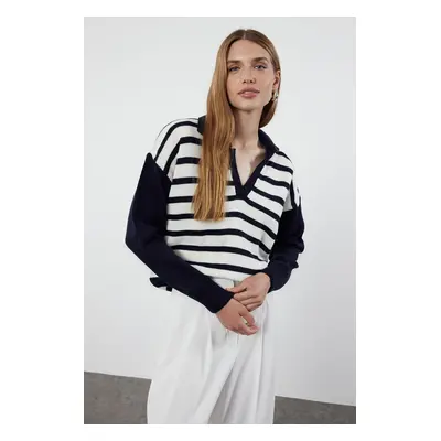 Trendyol Navy Blue Polo Neck Striped Knitwear Sweater