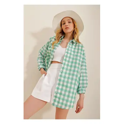 Trend Alaçatı Stili Women's Mint Checked Shirt