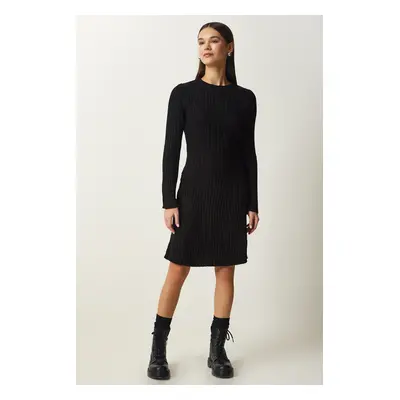 Happiness İstanbul Women's Black Ribbed A-Line Knitwear Dress