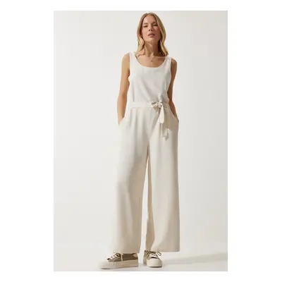 Happiness İstanbul Women's Cream Belted Linen Jumpsuit