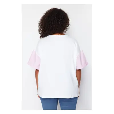 Trendyol Curve Pink Striped Printed Oversize 100% Cotton Knitted T-shirt