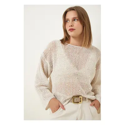 Happiness İstanbul Women's Cream Pearl Detailed Openwork Seasonal Knitwear Sweater