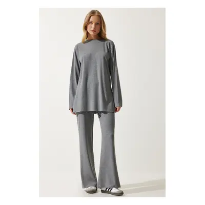 Happiness İstanbul Women's Gray Ribbed Knitted Blouse Pants Suit