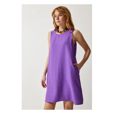 Happiness İstanbul Women's Purple Sleeveless Linen Viscose Bell Dress