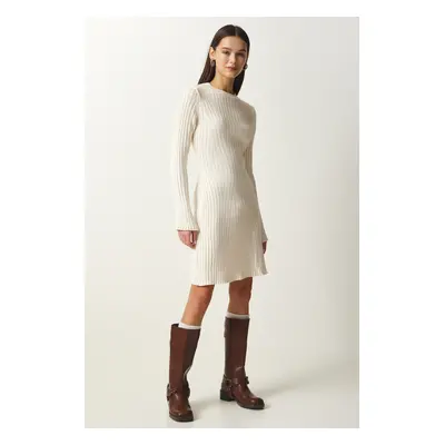 Happiness İstanbul Women's Cream Ribbed A-Line Knitwear Dress