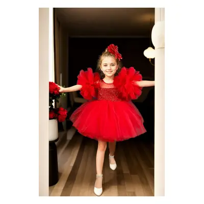 N4732 Dewberry Chiffon Sequined Girls Evening Dress-RED