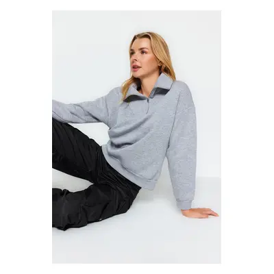 Trendyol Gray Thick Inside Fleece Zippered Oversize/Wide Fit Knitted Sweatshirt