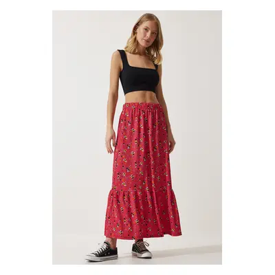 Happiness İstanbul Women's Pink Floral Flounce Viscose Skirt