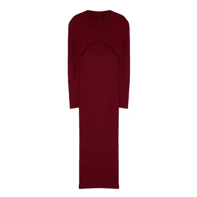 Trendyol Curve Dark Cherry Corded Midi Length 2-Piece Knitwear Dress & Crop Sweater Set